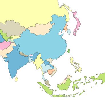 An outlined map of Asia showing the different countries. All isolated on white background.