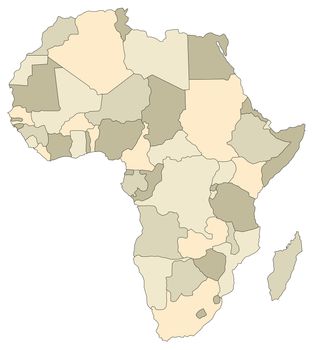 An outlined map of Africa in brown tone showing the different countries. All isolated on white background.