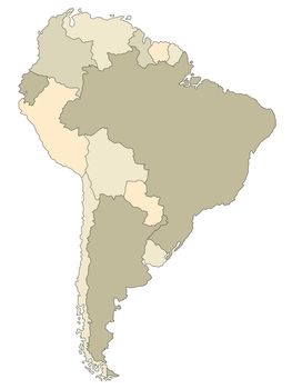 An outlined map of South America in brown tone. All isolated on white background.