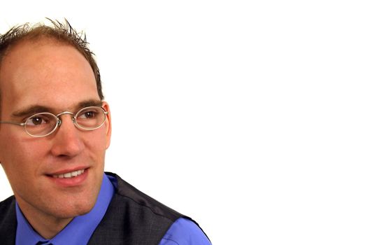 A young optimistic businessman in front of white background.