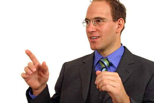 A smart businessman making a gesture. All isolated on white background.