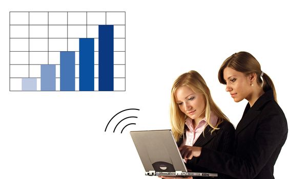 Two businesswomen reviewing something at their notebook computer. All isolated on white background.