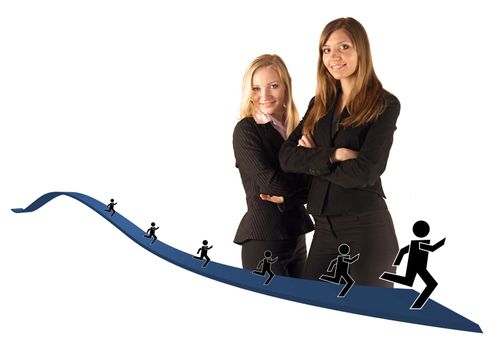 Two young adult businesswomen stand with arms crossed in front of their bodies. They are dressed in dark suits and are isolated on white. Ribbon graphic with running stick figures is layered on the image.
** Note: Slight blurriness, best at smaller sizes.