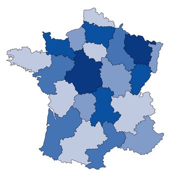 An outlined map of France in blue tone. All isolated on white background.