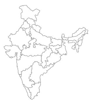 An outlined map of India. All isolated on white background.