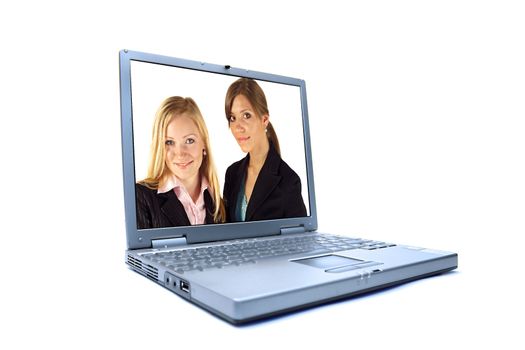 A simple notebook computer showing two businesswomen. All isolated on white background.