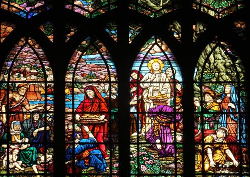 Feeding 5000 men and their families, stained glass, Saint-Jean de Montmartre church, Paris