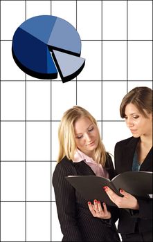 Two businesswomen reviewing something at their notebook computer. All isolated on white background.