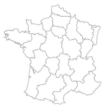 An outlined map of France showing the different provinces. All isolated on white background.