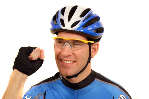 A professional bike rider jubilation. All isolated on white background.