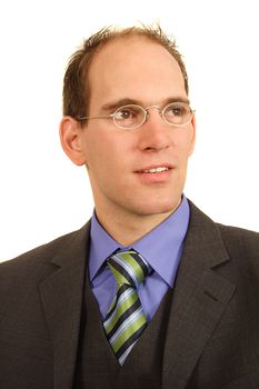 A smart businessman in front ofplain white background.