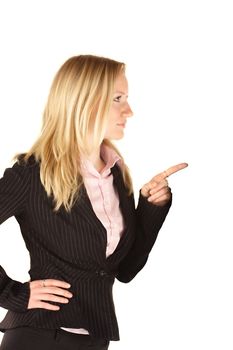 An angry young woman pointing at someone. All isolated on white background.