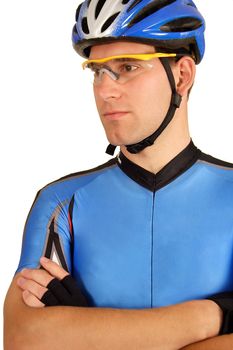 A professional bike rider in his jersey. All isolated on white background.