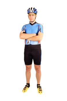 Full length shot of a professional bike rider in his jersey. All isolated on white background.