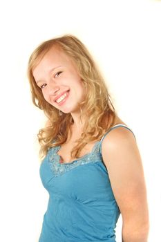 Portrait of a smiling young woman. All on white background.