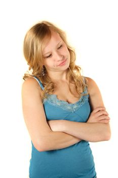 An awkwardying woman. All isolated on white background.