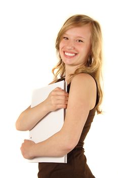 A young handsome woman carrying some documents. All isolated on white background.