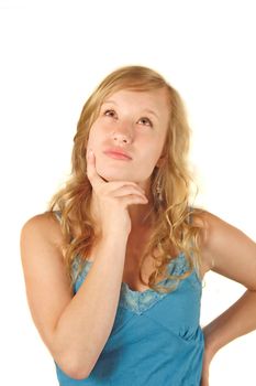 A young thoughtfully woman. All isolated on white background.