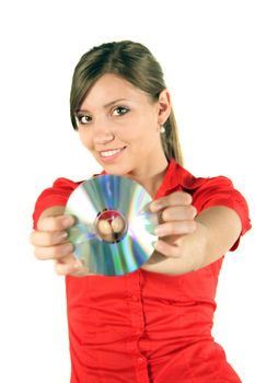 A young handsome woman bending a cd or dvd. All isolated on white background.