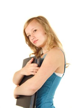 A young handsome woman carrying some documents. All isolated on white background.