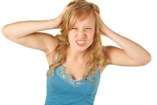 A young angry woman. All isolated on white background.