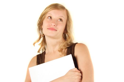 A young handsome woman carrying some documents. All isolated on white background.