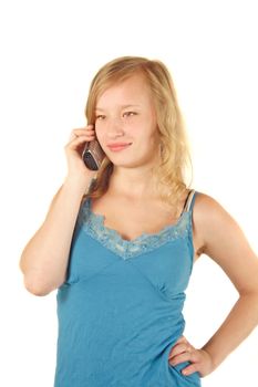 A young handsomewoman gets a positive call. All isolated on white background.