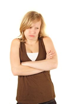 An awkwardyung woman. All isolated on white background.