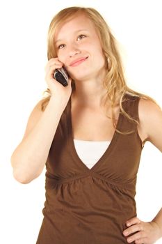 A young handsomewoman gets a positive call. All isolated on white background.