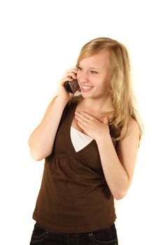 A young handsomewoman gets a positive call. All isolated on white background.