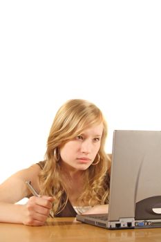 A young smarting woman at her workplace. All isolated on white background.