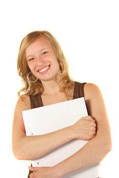 A young handsome woman carrying some documents. All isolated on white background.