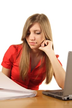 A young handsome woman working concentrated. All isolated on white background.