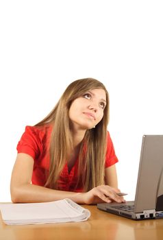 A female student looking up thinking about a problem. All isolated on white background.