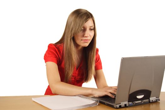 A young handsome woman working concentrated. All isolated on white background.