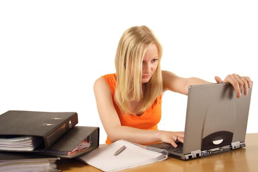 A young handsome woman got a computer problem. All isolated on white background.