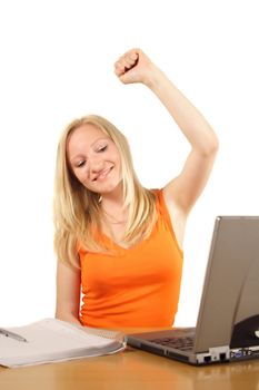 A young handsome student jubilating at her workplace. All isolated on white background.