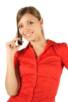 A young handsome woman talking on the phone. All isolated on white background.