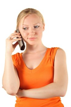 A young handsome woman is placed on hold. All isolated on white background.