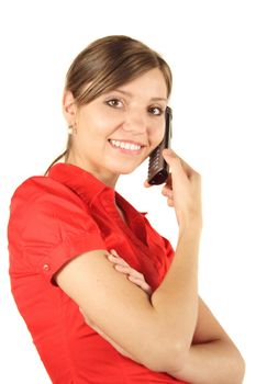 A young handsome woman gives someone a call. All isolated on white background.