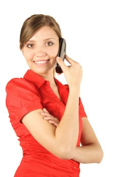 A young handsome woman gives someone a call. All isolated on white background.