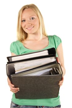 A young handsome student holding her documents. All isolated on white background.