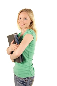 A young handsome student holding her documents. All isolated on white background.