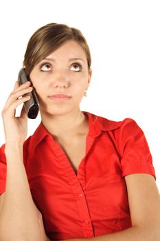 A young handsome woman placed on hold. All isolated on white background.