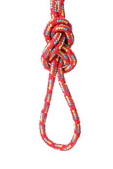 A fine knotted figure of eight loop in front of a white background.