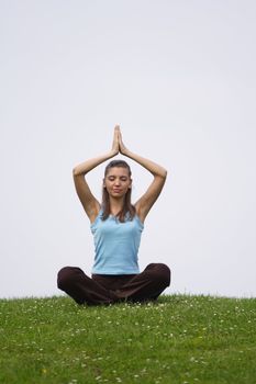 A handsome young woman doing yoga on a green meadow.
** Note: Slight blurriness, best at smaller sizes.