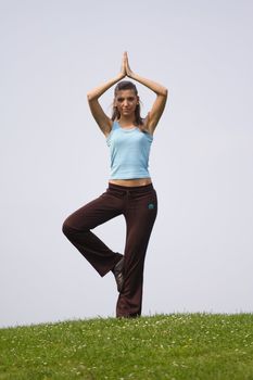 A handsome young woman doing yoga on a green meadow.
** Note: Slight blurriness, best at smaller sizes.