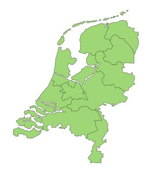 A stylized blank map of the Netherlands in green tone. All isolated on white background.