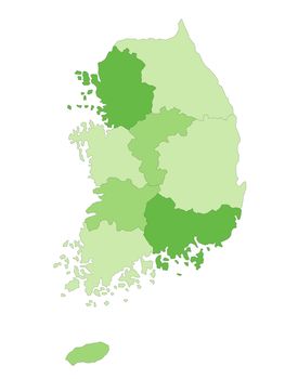A map of South Korea in green tone showing the different provinces. All isolated on white background.