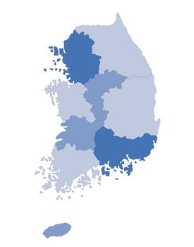 A map of South Korea in blue tone showing the different provinces. All isolated on white background.